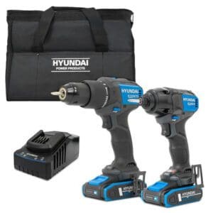 Hyundai 20V Cordless 65Nm Hammer Drill and 230Nm Impact Driver Brushless Kit, 2x 2.0Ah Li-ion Batteries and 2A Charger