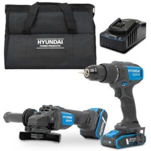 Hyundai 20V Cordless Hammer Drill 60Nm and Angle Grinder 115mm Brushless Kit, inc. 2.0Ah and 4.0Ah Li-ion Battery and 2A Charger